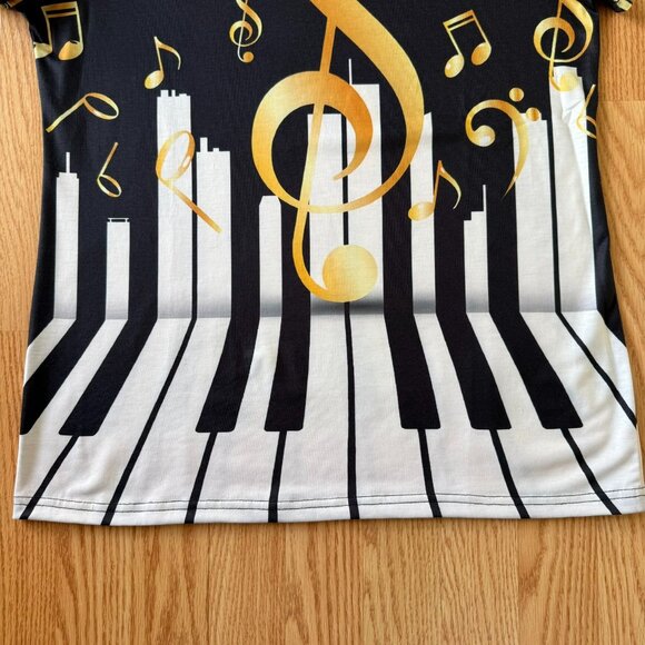 Womens Piano Keys Music Notes Graphic Tee Size M Black Gold V Neck Shirt Singer - Picture 4 of 8